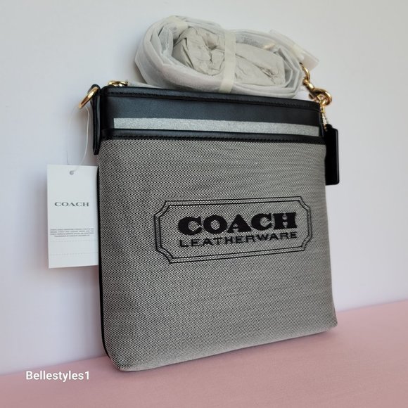 COACH Kitt Badge Jacquard & Smooth Leather Crossbody- Salt Black ⭐ - Picture 4 of 16